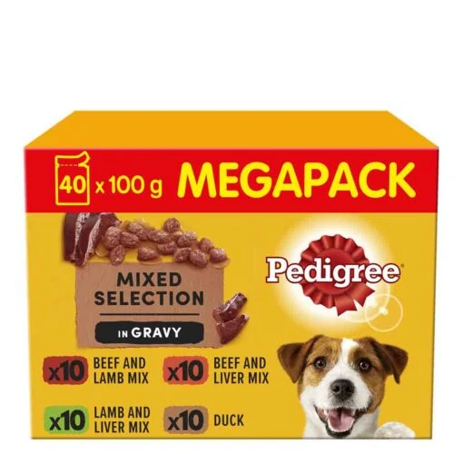 Pedigree Wet Dog Food Pouches Mixed Selection In Gravy 40 X 100g -Pet Dog Shop pedigree dog mixed selection in gravy beef lamb liver duck mix front